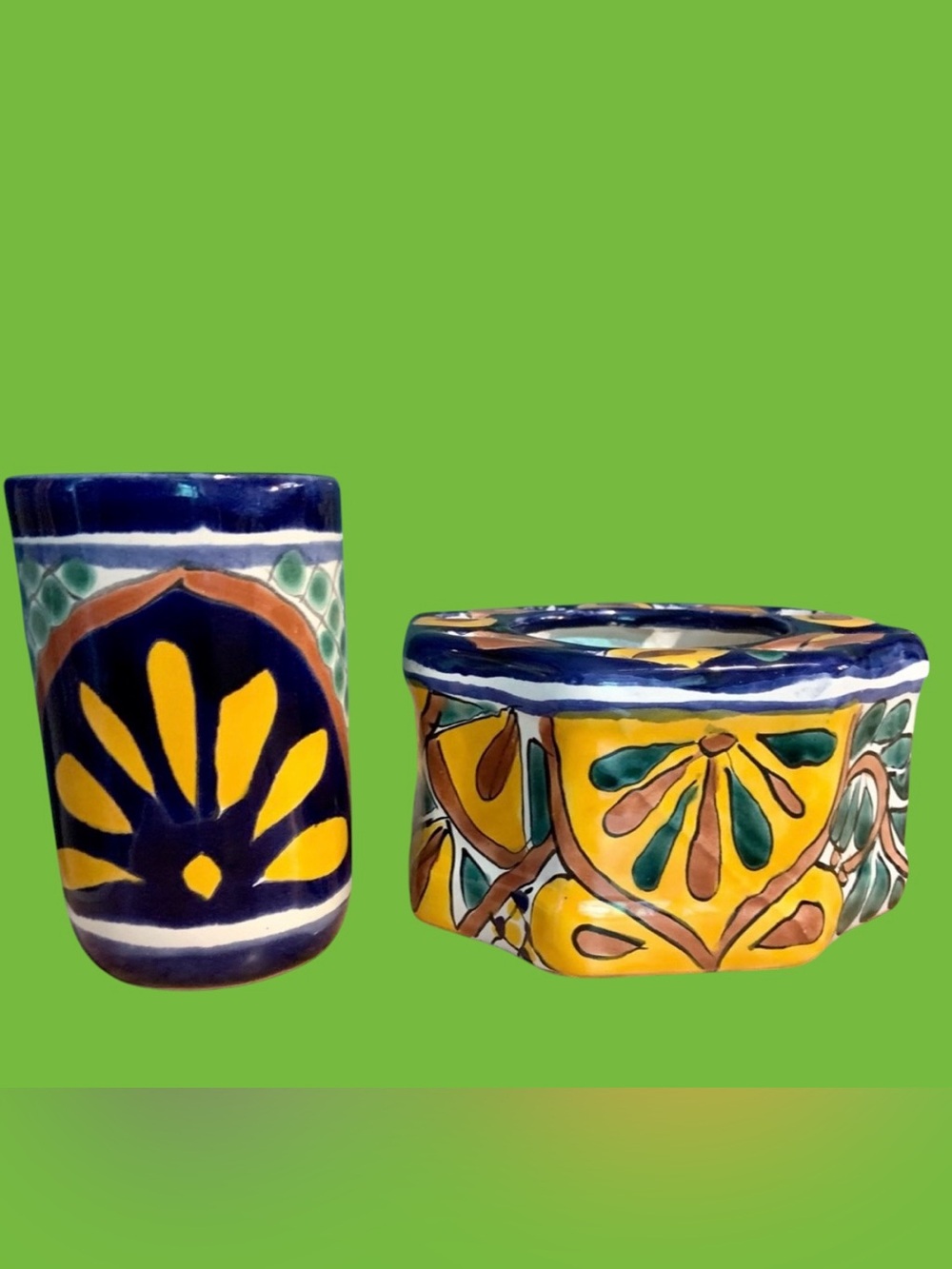 talavera 2 piece Talavera flower frog, and Tumblr tumbler
